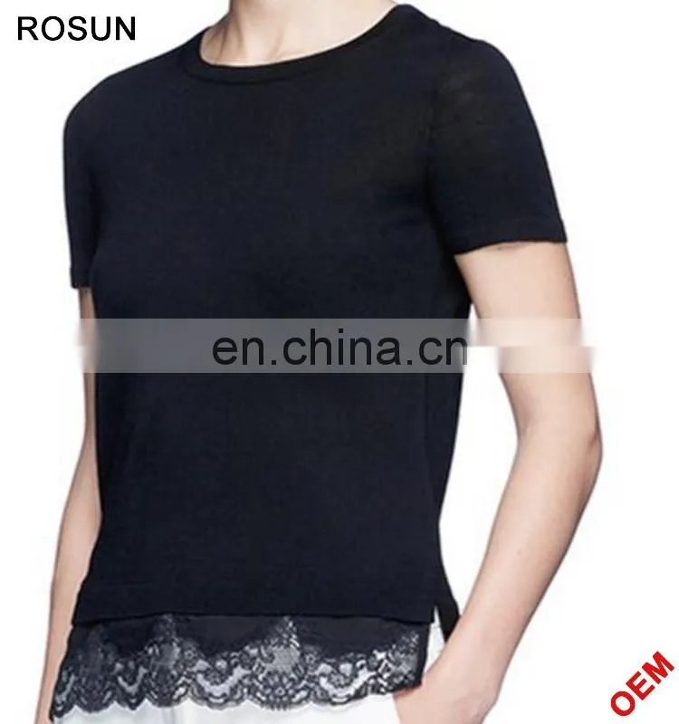 Latest fancy girls pullover Tops as Regular fit short sleeve woolen sweater designs for children of knitwear with lace