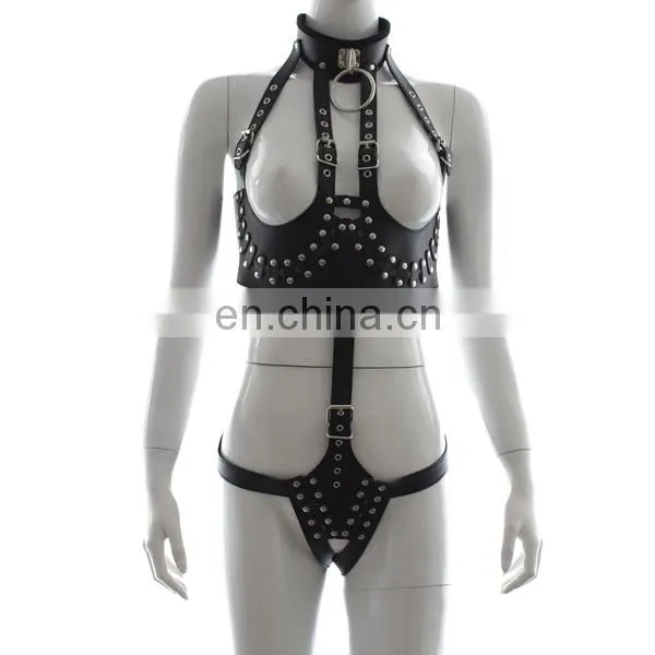 Open bust & crotchless sex teddy sex bondage lingerie leather sexy body harness