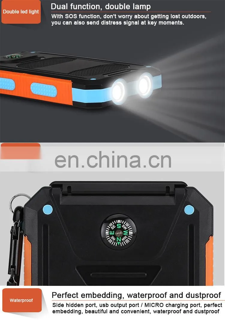 Amazon Hot Selling 8000mah, 10000mah external solar power bank waterproof battery charger portable charge