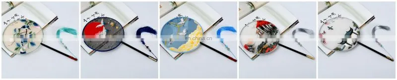 Chinese style multi-pattern silk embroidery dual-faced handmade round fan with long handle and tassel pendant(19*37cm)