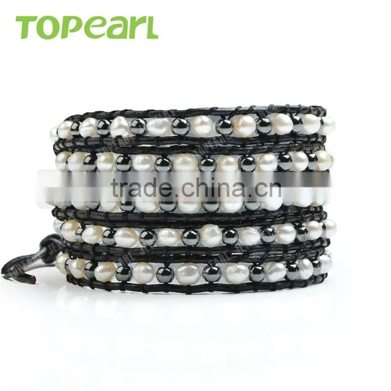 Topearl Jewelry 2016 Popular Freshwater Pearl Hematite Bracelet Woven Leather Wrap Bracelets for Women 33.5 Inches CLL132