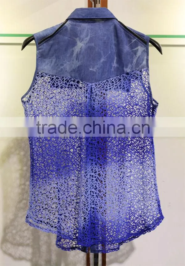 Women's two-tone hollowed-out sleeveless tops with a hob-nail shirt collar