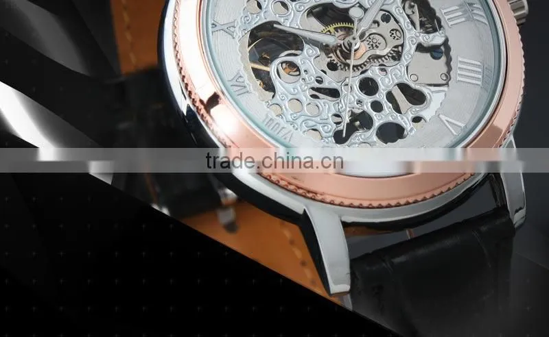 ESS Men's Black Leather Rose Golden Case Skeleton Hand-Wind Up Mechanical Watch WM203