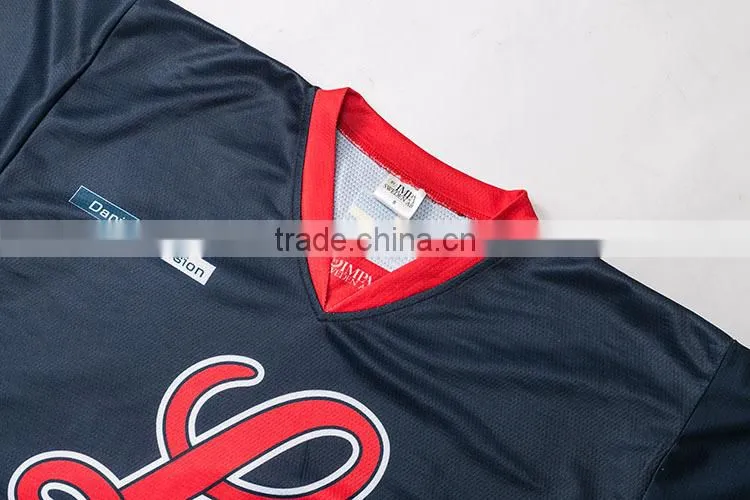 royal navy color with red neck printing sewing hockey t-shirt