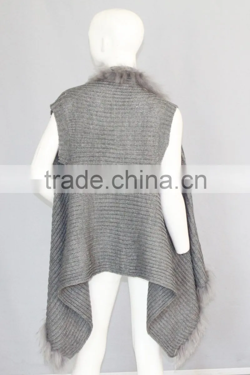 QD80274 2015 New Design Free Size Sweater Knitted Raccoon Fur Cardigan Vest