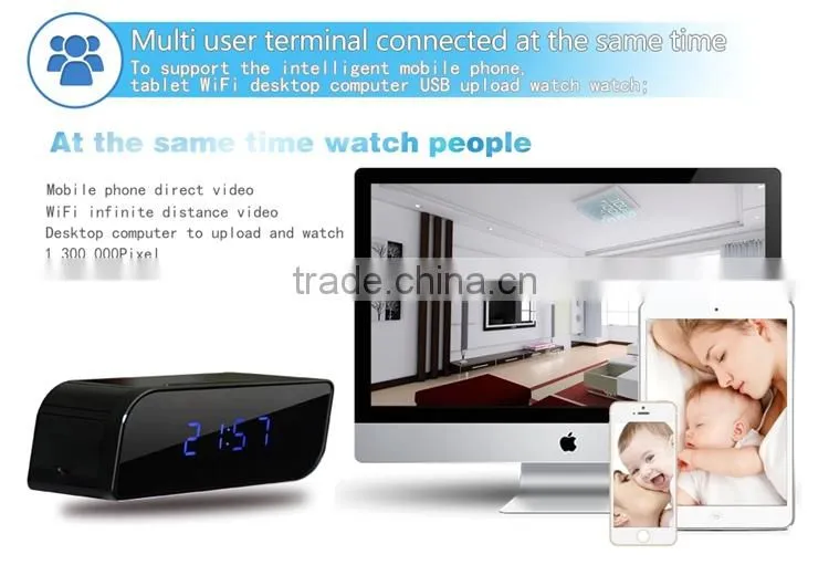 Night Vision 720P HD WIFI CLOCK Wifi Clock Mobile Phone Alarm Clock P2P Wifi Pinhole Hidden Alarm Clock Camera