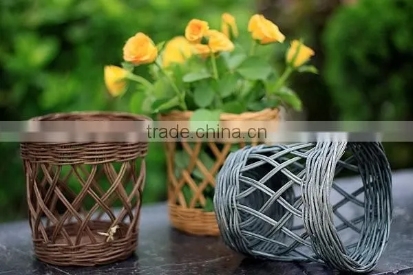 Multicolor rattan flower basket with wood and rattan handle