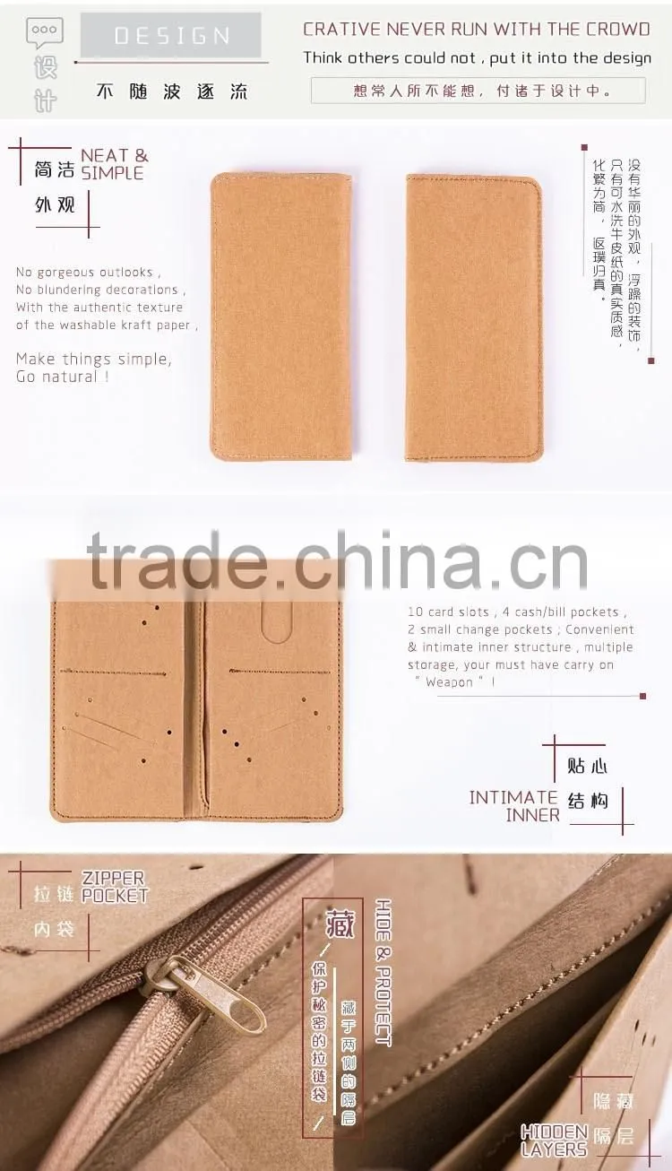 Anti-tearing Washable Kraft Paper Folding Long Wallet With Zipper