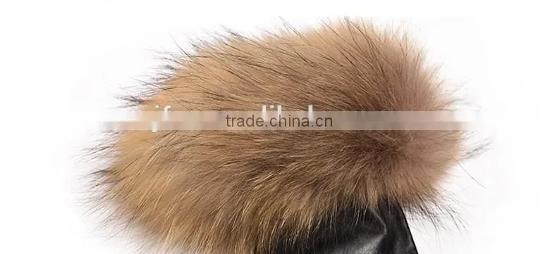Women's Lambskin Leather Gloves with Plush Raccoon Fur Trim Super Warm