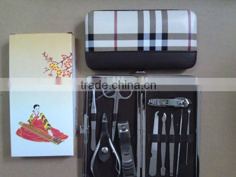 MRT-015 10pcs PU bag with colored box stainless steel manicure set tool kit