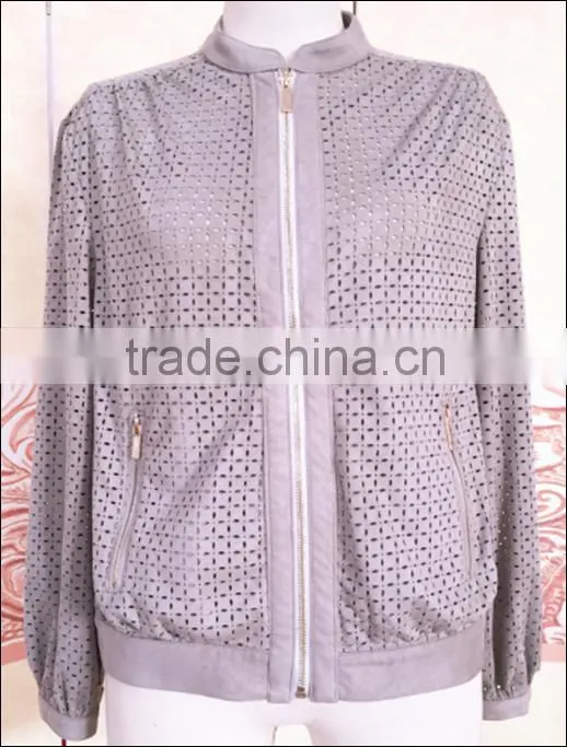 casual ladies pig suede jacket dyed color and with beautiful flower shaped hole