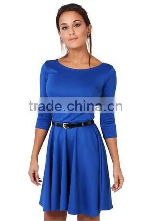 Womens 3/4 Sleeve Belted Flare Skater Dress Pleated Slimming Mini Tunic
