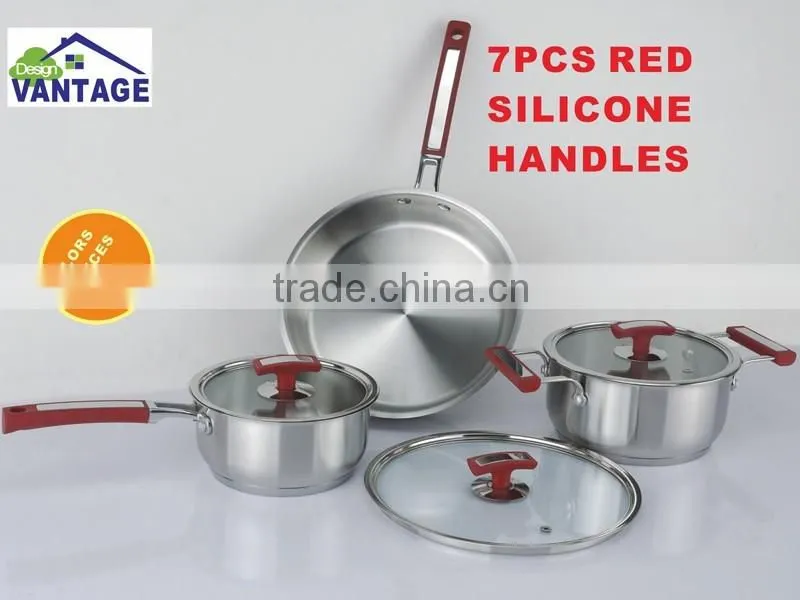 Vantage design 6pcs stainless steel kitchen queen cookware set with silicon handle including saucepan casserole frypan