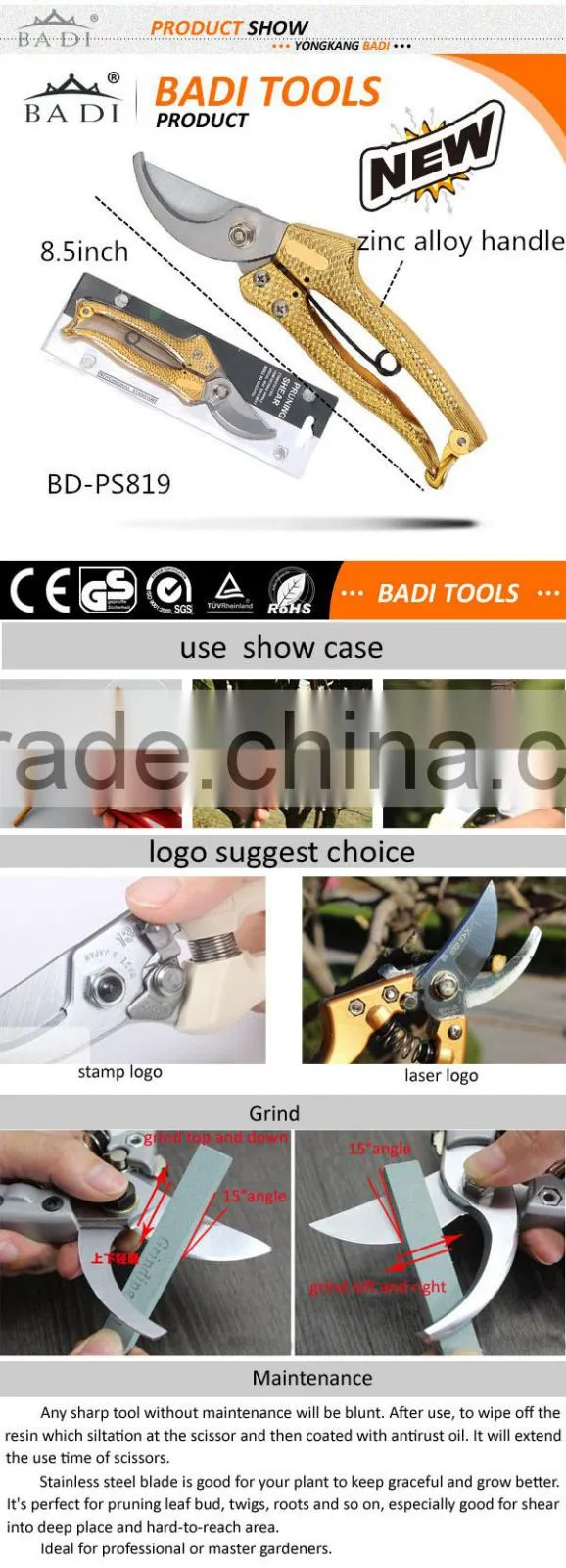 high quality zinc alloy handle garden pruning shear with sharp blade