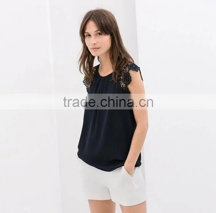 New Women Fashion Summer Lace Floral Hollow Splice Sleeveless Chiffon Blouses