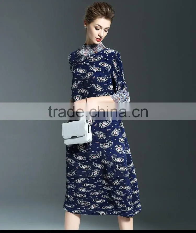 Ancient printing high neck oversize spring dresses for fat lady