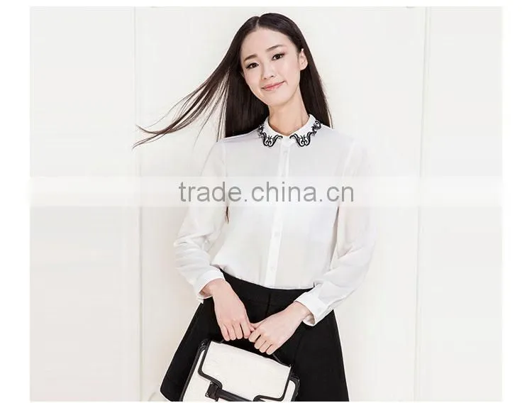 2015 Sweet Ladies White Chiffon Embroidery Women Shirts Design