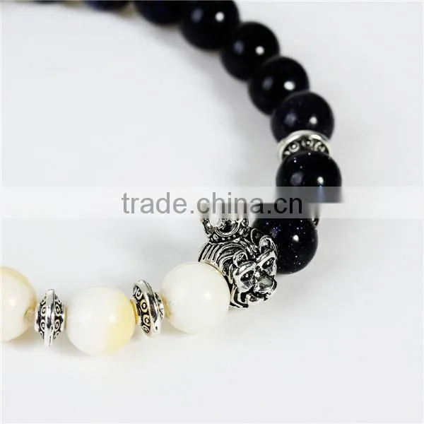 New Fashion Black & White Antique Silver Monkey Head Elastic Stone Lava Blue Sand Beaded Healing Bracelet