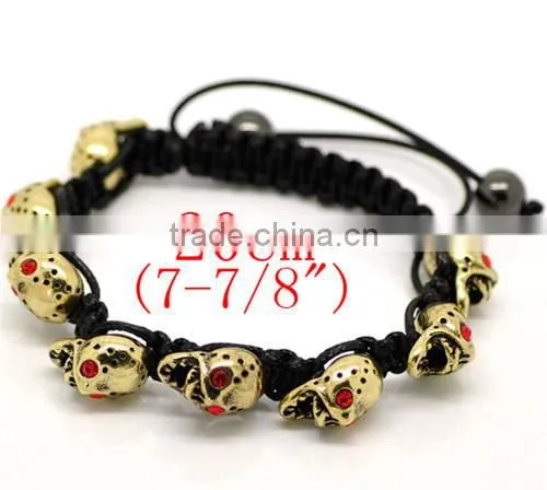Red Rhinestone Halloween Skull Beads & Hematite Beads & Black Braiding Adjustable Bracelet