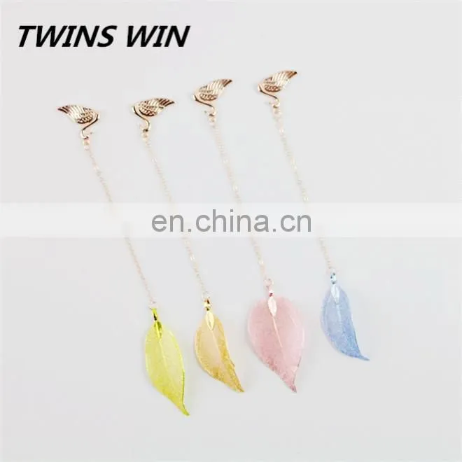 Korean new fashion school stationery .custom logo design free printable Cute Kawaii brass leaf shaped bookmarks with tassels
