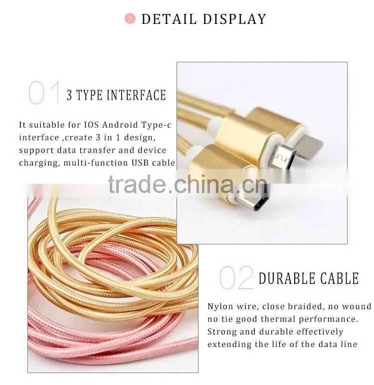 multi-function usb multi charger charging plug USB data line cable 8pins micro type c 3 in 1 for iPhone and Android