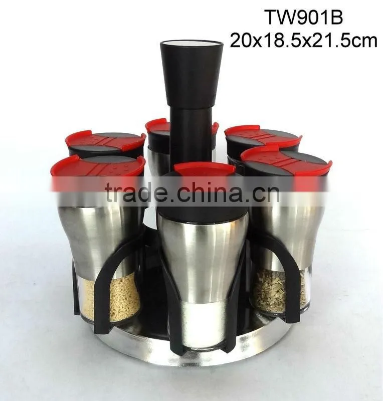 TW959 8pcs glass spice jar with metal casing and rack