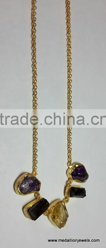 Rough Stone Vermeil Sterling Silver Rope Necklace, Rough GemStone Vermeil Designer Necklace, Long Vermeil Necklace with Charms