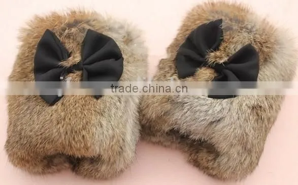 Original Design Lovely Girls Rabbit Fur Wrist Warmers Fur Hand Cuff Gloves
