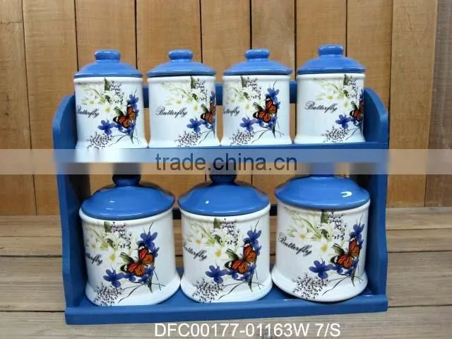 Red Morning Glory Decal Ceramic 7 PCs Canisters with Red Lid and Wooden Stand