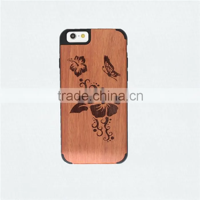Universal Butterfly with Flower PC and Wood Phone Case with press key two in one for Iphone 6/6 plus