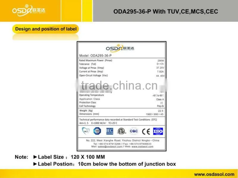 TUV MCS CEC certificated polycrystalline 295W solar panel
