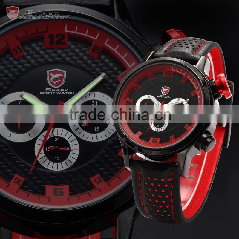 SHARK Date Day Display Stainless Steel Case Genuine Leather Strap Black Red Quartz Men's Sports Watch