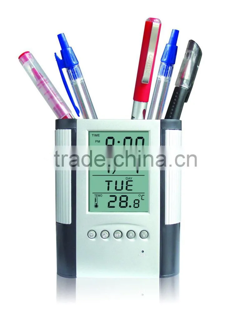 Plastic Transparent Multifunctional Pen holder Calendar Timer Thermometer Clock