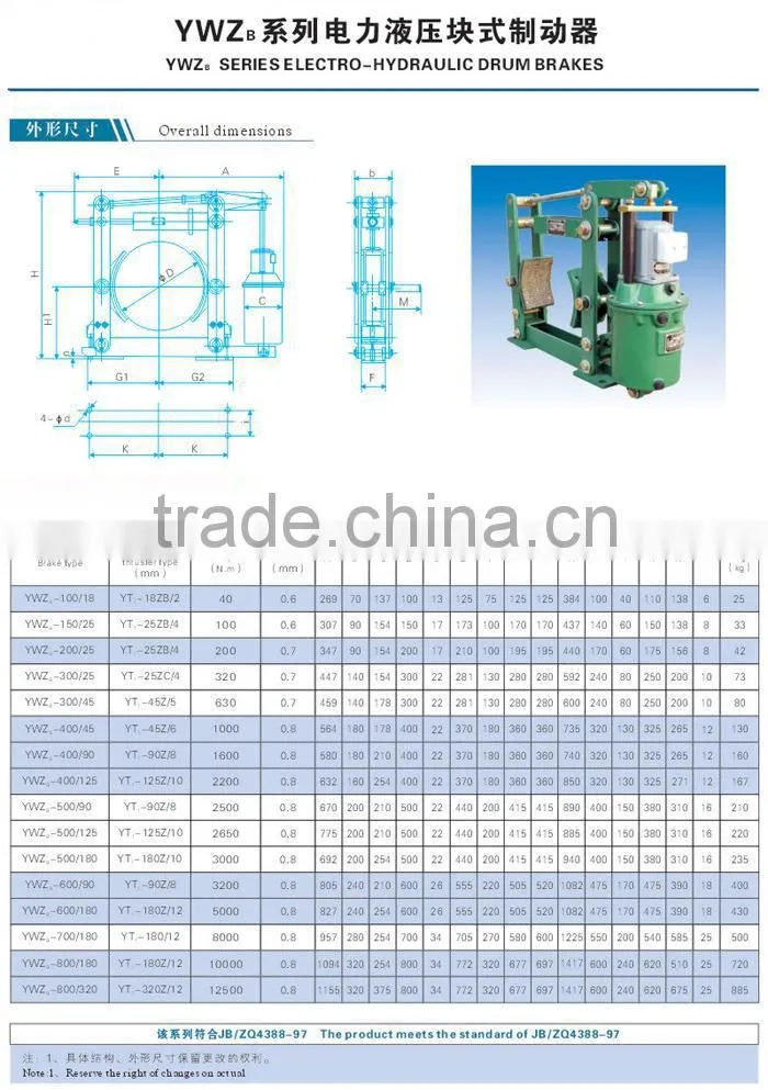 YWZ series ,YWZB series, YWZ4B series Electro hydraulic drum brake