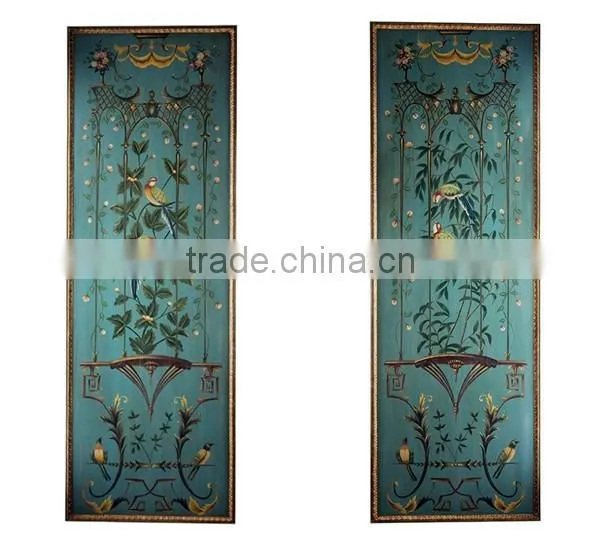 A Pair of Antique Blue Hanging Picture, Noble Hand Painted Wooden Decorative Wall Picture, Classical Drawing Hanging Wall Art