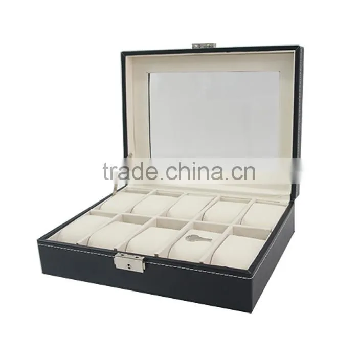 Store More Watch Box Large 10 Mens Black Leather Display Glass Top Jewelry Case Organizer