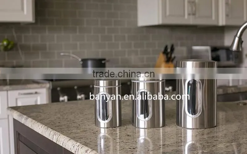 3pcs Round Stainless Steel Tea Coffee Sugar Canisters with Transparent Window