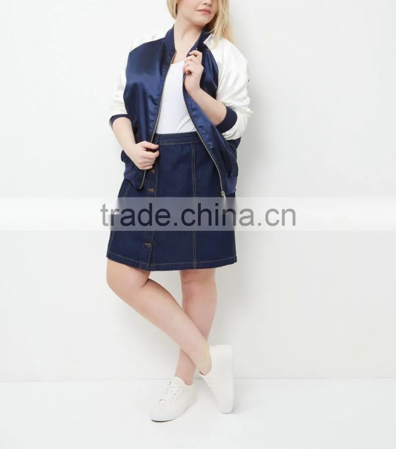 Plus Size Jackets 100% Polyester Blue Colour Block Zipper Bomber Jacket Women Plus Size Winter Coats With Raglan Sleeves