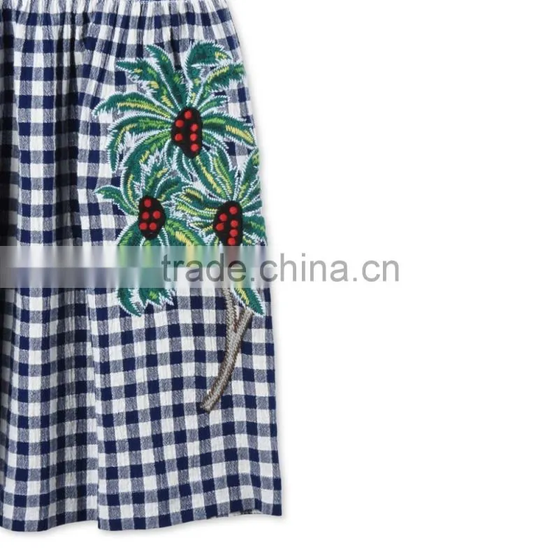 2017 Embroidered Palm Print Design Check Dress Boutique Girl Clothing With Embroidery Patch Childern Frock Model HSD5941
