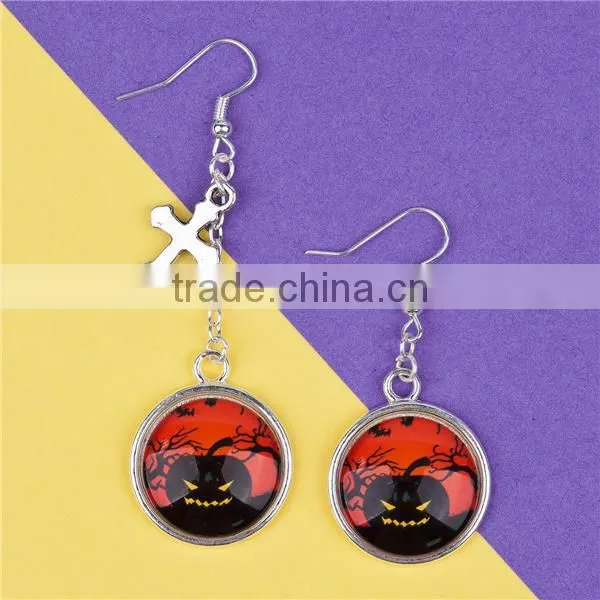 Fashion Silver Plated Cross Pumpkin Resin Halloween Earrings