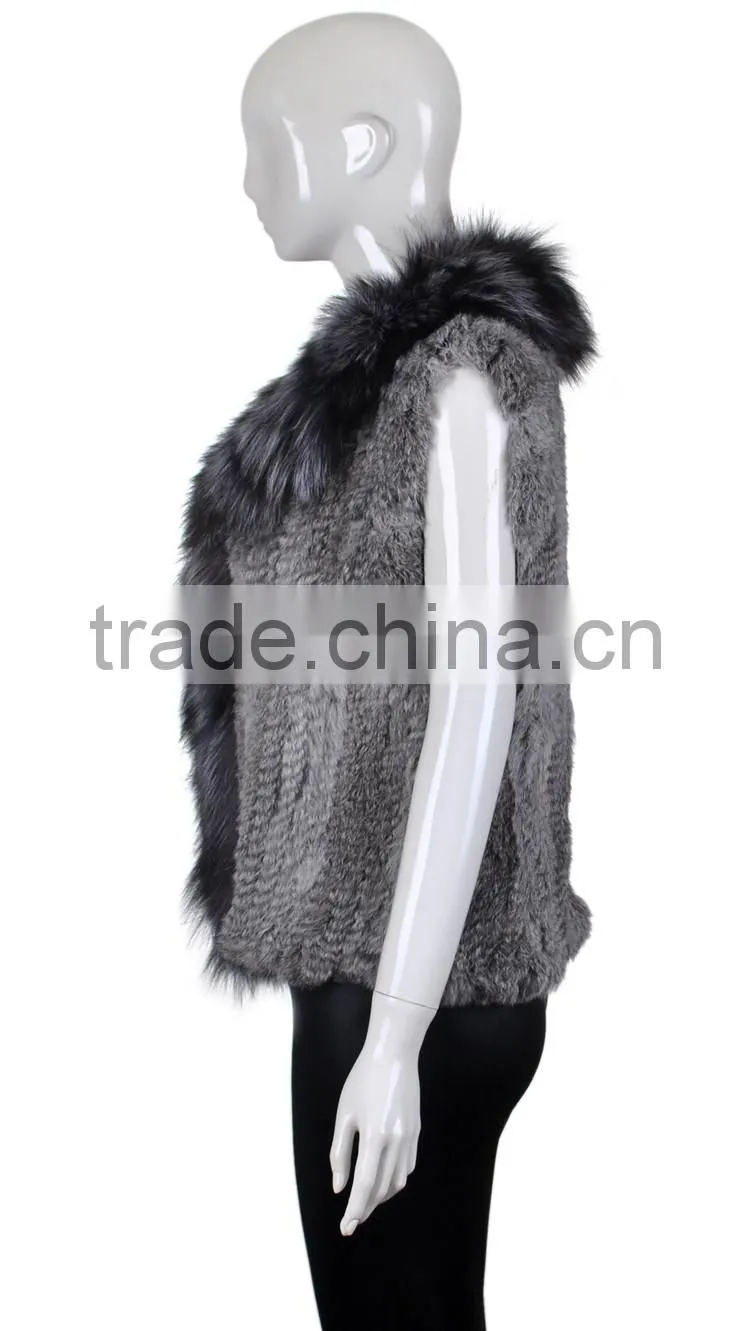 YR263 Genuine Rabbit Knit Fur Vest with Fox Collar Top Quality