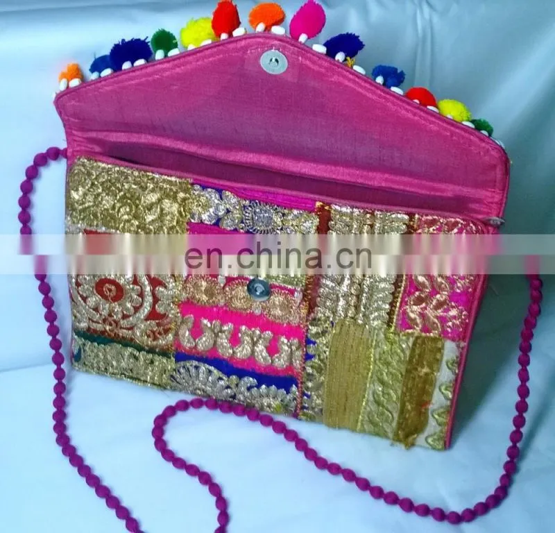 Hot Trendy Fancy Beautiful Pom Pom Zari Embroidered Stylish Banzara Gypsy Clutch Lady Clutch Bags Floral Designer Handbag Pouch