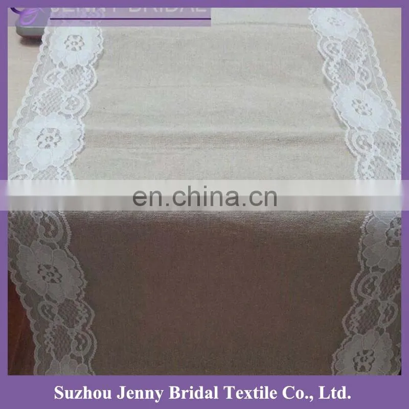 TR004B2 fancy ivory lace trim embroidery cotton burlap table runner