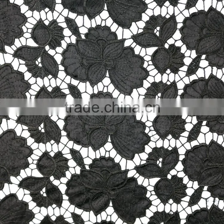 New Fashion cutwork lace embroidery designs fabric mesh with leather and polyester silk for black embroidery dress