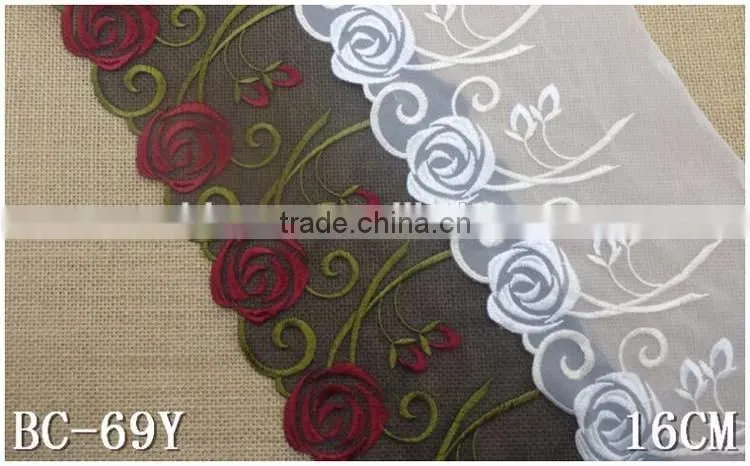 China Manufacture 2016 New Wide 6.3" Net Cloth Non-strech Big Rose Flower Embroideried Nylon Warp Knitted embroidery lace fabric