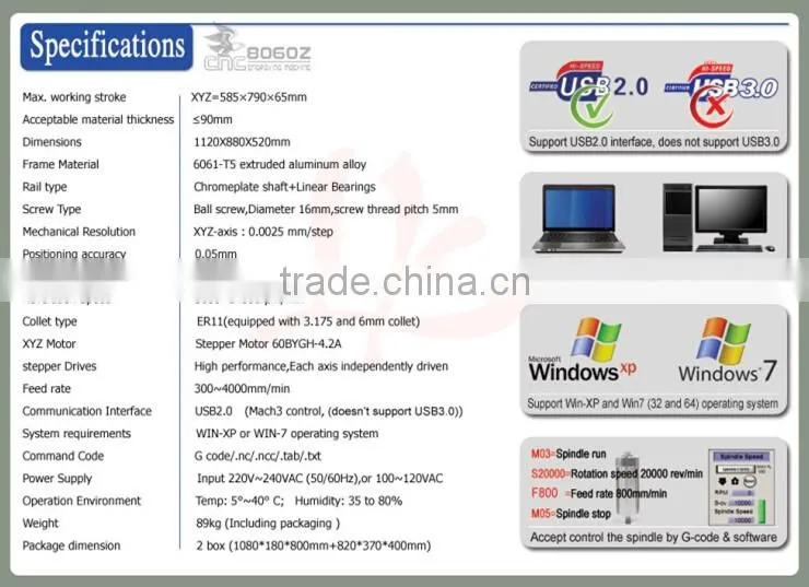NEW !!! USB Port 1500W cnc router milling machine 6080Z-USB with 4 axis for PCB, Acrylic, wood, metal, aluminum