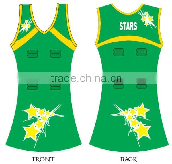 Green and yellow color netball a-line dress design for sale