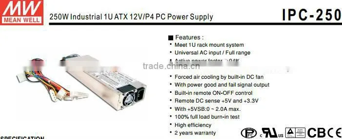 Mean Well 250w industrial power supply/250W Industrial 1U ATX 12V/P4 PC Power Supply
