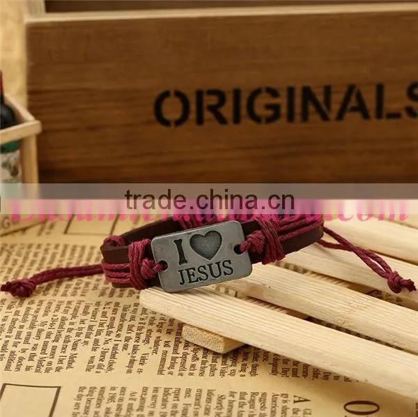 Leather cuff bracelet with engraved metal plate I love jesus bracelet