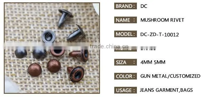 Plating washable mushroom shape copper rivet for leather